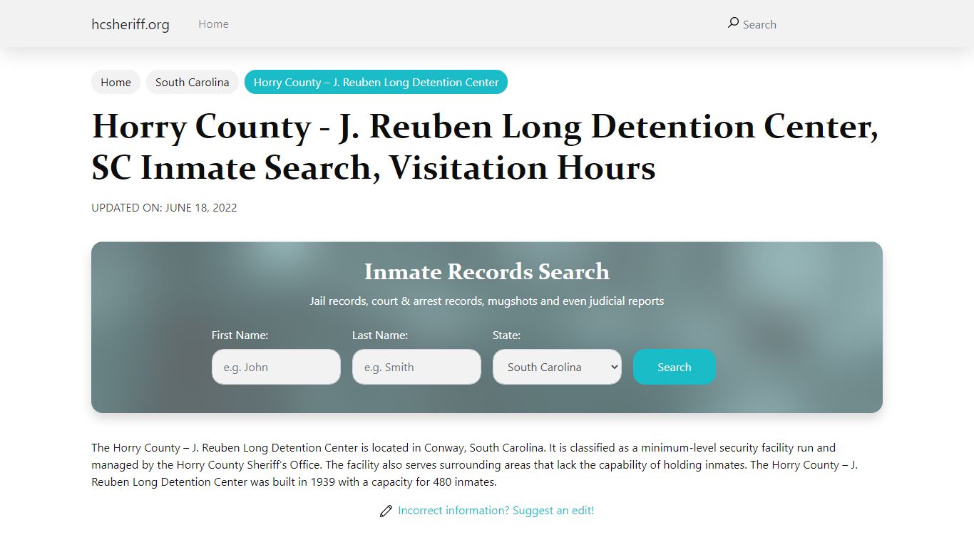 Horry County - J. Reuben Long Detention Center, SC Inmate Search ...