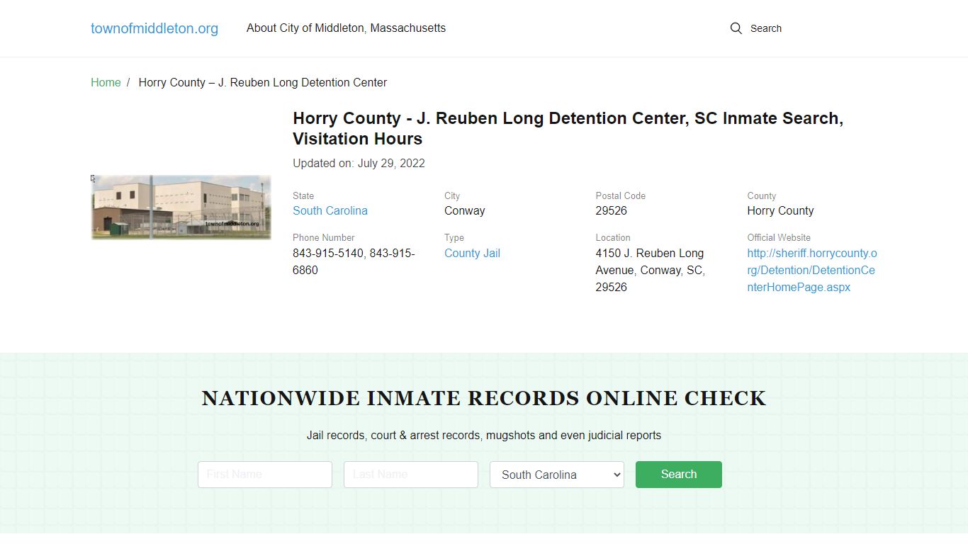 Horry County - J. Reuben Long Detention Center, SC Inmate Search ...